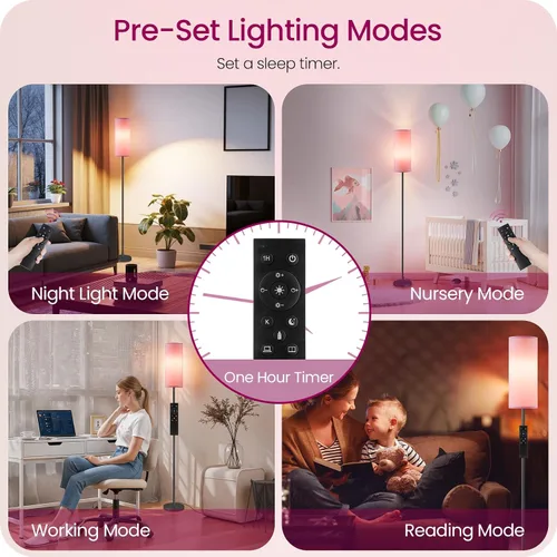 Vista 5 de Paquete de 2 lámparas de pie rosas regulables para sala de estar con 2 controles remotos e interruptor de pie, lámpara de pie de esquina, lámpara