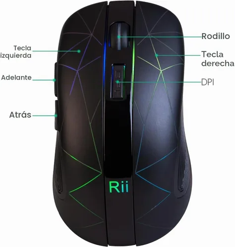 Vista 3 de Rii Ratón inalámbrico LED, ratón óptico ergonómico de 2.4 G con receptor USB, mouse portátil recargable para PC, Mac, tableta, Chromebook, portátil