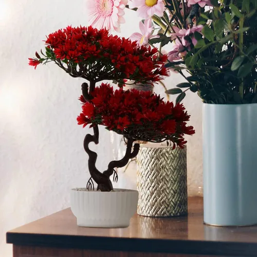 Vista 3 de Happyyami 2 piezas de árbol bonsái artificial en maceta, pino japonés sintético, plantas falsas en maceta para el hogar, oficina, escaparate