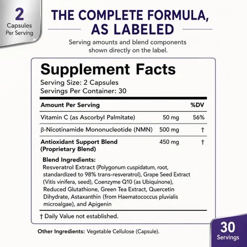 Vista 2 de Suplemento NMN 500 mg con Resveratrol y Antioxidantes, 60 Cápsulas
