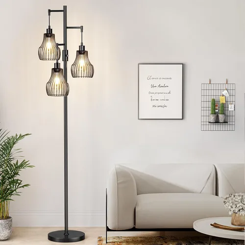 Vista 11 de Ziisee Lámparas de pie regulables para sala de estar, lámparas altas de pie industriales con forma de árbol con 3 elegantes pantallas de jaula
