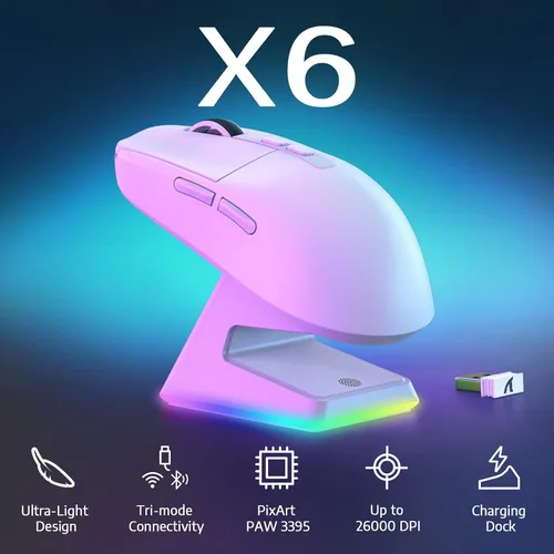 Vista 2 de ATTACK SHARK X6 1.73 oz Superlight - Mouse inalámbrico para juegos con base de carga RGB magnética, BT/2.4GHz inalámbrico/con cable, ratón