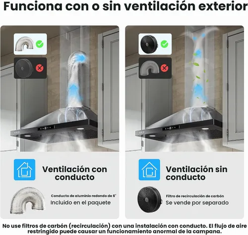 Vista 6 de VIKIO HOME Campana extractora para montaje en pared de 36 pulgadas, 580 CFM, campana de ventilación de cocina, convertible con conductos/sin