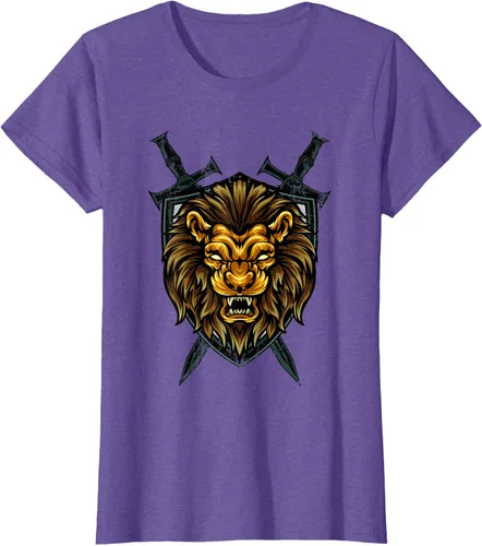 Vista 20 de Camiseta con diseño de caballero medieval renacentista, con diseño de espada de león, Negro, S