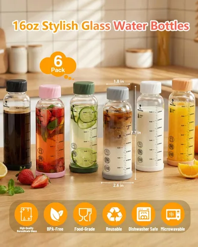 Vista 9 de Zukro - Botellas de agua de vidrio con tapa de acero inoxidable de 16 onzas Color múltiple