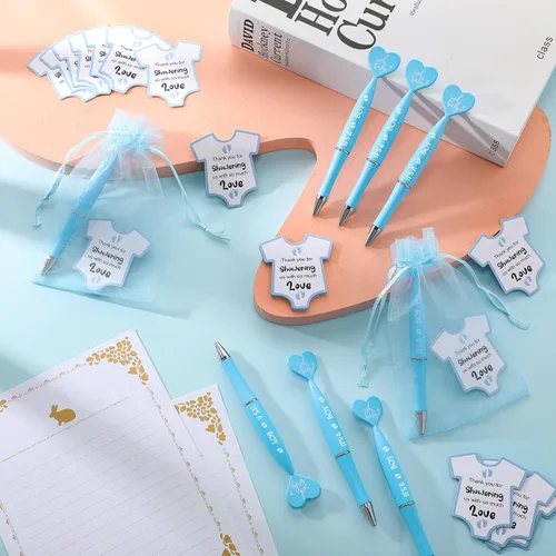 Vista 5 de Harloon Juego de 50 bolígrafos de baby shower, recuerdos para invitados, bolígrafos It's a Boy, regalos de fiesta de baby shower, tarjetas azules