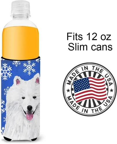 Vista 4 de Caroline's Treasures SC9379MUK American Eskimo Winter Snowflakes Holiday Ultra Hugger para latas delgadas puede enfriar manga Hugger lavable a
