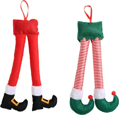 Vista 8 de Gunhunt Pack-1 piernas de elfo de Santa, colgante para maletero del auto, decoraciones navideñas de felpa, se sujeta con clip en el maletero o árbol