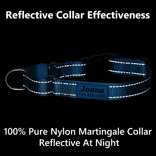 Vista 4 de Collar de martingala personalizado para perros con hebilla de liberación rápida - Collar reflectante de nailon con nombre y número de teléfono