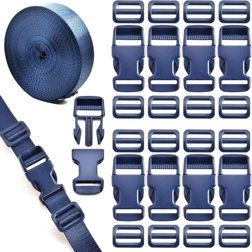 Vista 8 de Juego de correas de hebillas de 1 pulgada con correas de nailon de 10 yardas, 10 hebillas de plástico de liberación lateral rápida, 20 clips Verde