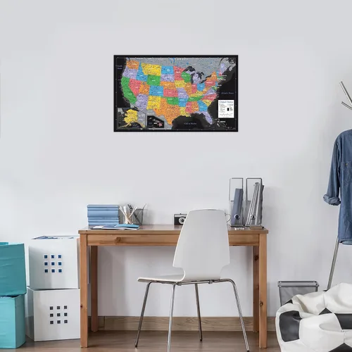 Vista 5 de Póster laminado de mapa de Estados Unidos, gráfico de pared de mapa de EE. UU., fabricado en los Estados Unidos [negro]