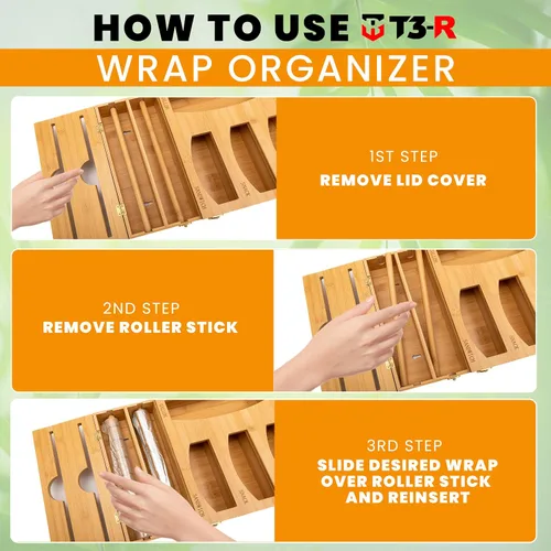 Vista 5 de T3-R Organizador de envoltura de bambú, dispensador 6 en 1 con cortador para bolsas de sándwich, papel de aluminio, papel encerado y envoltura