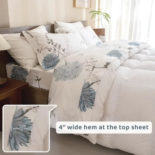 Vista 8 de QSH Sábanas 100% Algodón para Cama Tamaño King, Patrón de Plantas Florales Blancas Botánicas de Lujo de Algodón con Estampado Floral Ropa de Cama