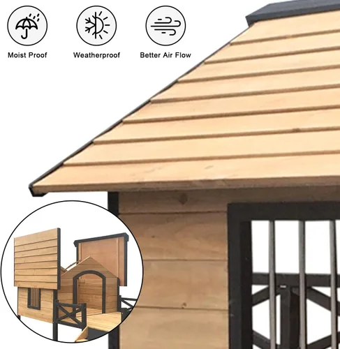 Vista 5 de Casa grande para perros al aire libre con porche: refugio elevado de madera para perros - Cabaña de madera resistente a la intemperie