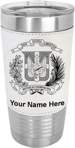 Vista 8 de LaserGram Vaso aislado al vacío de 20 onzas, escudo de armas, República Dominicana, grabado personalizado incluido (piel sintética, estilo béisbol)