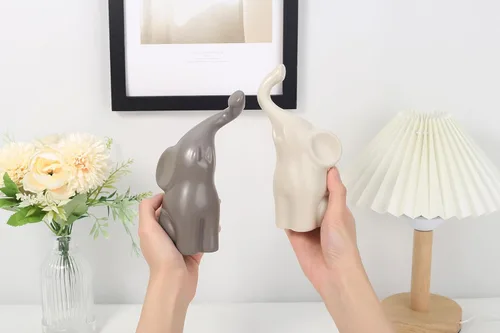 Vista 3 de LAIDANLA Elefantes beige y grises, moderno juego de esculturas de cerámica amoroso, figura de elefante de 6.3 pulgadas para decoración de regalos