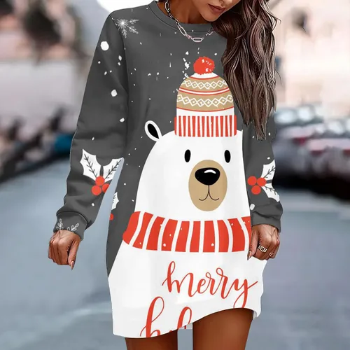 Vista 2 de Vestido con capucha para mujer de Navidad, manga larga, holgado con capucha Vestido lindo con estampado navideño