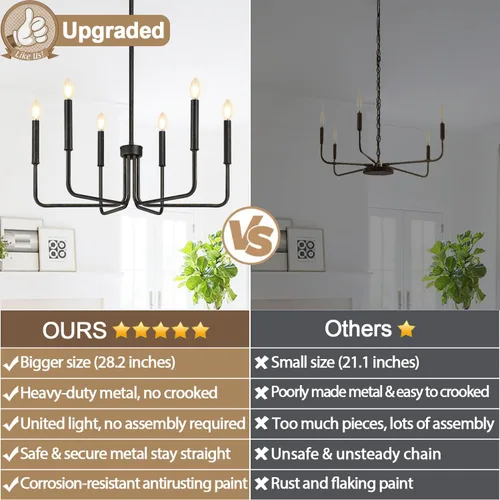 Vista 2 de Lynnoland - Candelabros de 6 luces de granja para comedor, accesorios de iluminación colgantes, lámparas industriales modernas para dormitorio Negro