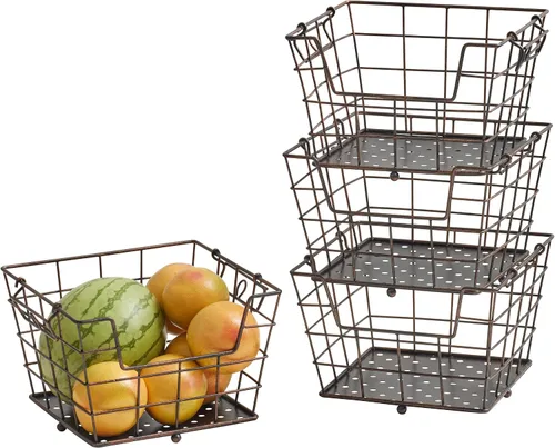 Vista 5 de Gourmet Basics by Mikasa Ferme Cesta de Mercado de Metal Ajustable de Pie de 2, 3 o 4 Niveles para Almacenamiento de Frutas y Hogar, Negro Antiguo