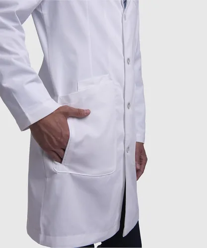 Vista 5 de Dr. James Abrigo de laboratorio profesional para hombre, ajuste a medida, cierre de cuatro botones, múltiples bolsillos, blanco, 39 pulgadas de largo