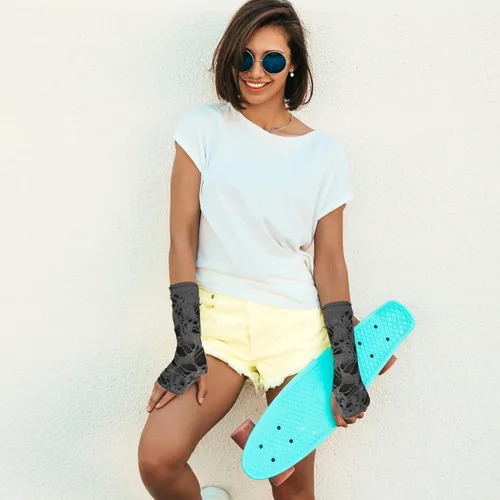 Vista 3 de Skeleteen Calentadores de brazos rasgados punk, guantes de punto sin dedos, de manga larga, accesorios góticos para hombres y mujeres, Gris