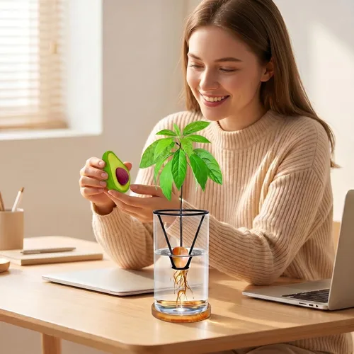 Vista 6 de Kits de cultivo de árboles de aguacate con cepillo para botellas, figura de aguacate, base de bambú, jarrón de iniciación de semillas de aguacate