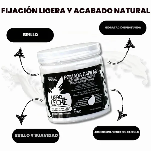 Vista 2 de Doctor Cabello Ligao de Leche Moldeado Shine Pomada 8.5 oz – Suplemento transformador para el cabello con proteínas de leche y biotina – Brillo
