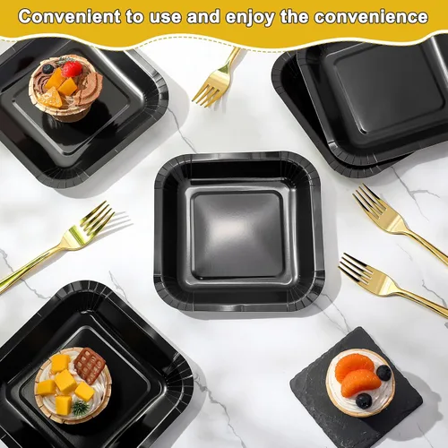 Vista 4 de Dandat 100 platos pequeños de papel negro de 7 pulgadas, platos cuadrados desechables para tartas con tenedores de postre de plástico, vajilla
