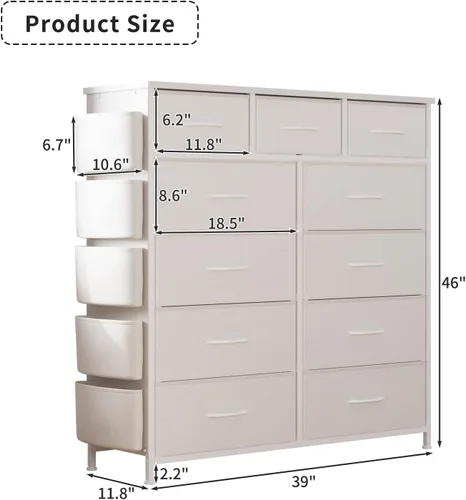 Vista 28 de Cómoda de almacenamiento de tela con 11 cajones para organización del dormitorio, cómoda con estantes profundos, bolsillos laterales y ganchos, Negro