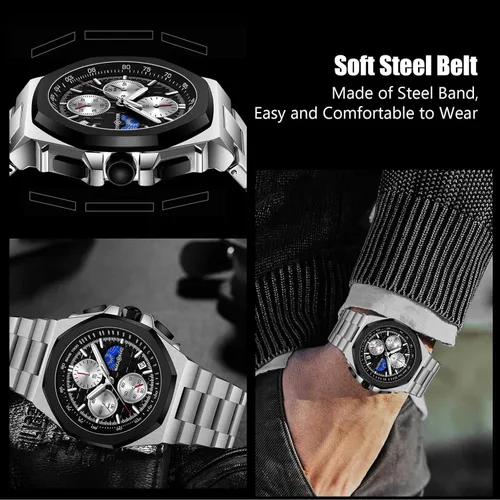 Vista 4 de RORIOS Elegante reloj de pulsera analógico de cuarzo con correa de acero inoxidable, cronógrafo multifunción para hombre