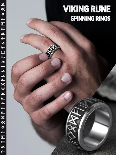 Vista 3 de FaithHeart Anillo giratorio nórdico vikingo con runas de acero inoxidable chapado en oro para hombres y mujeres, puede grabar personalizado