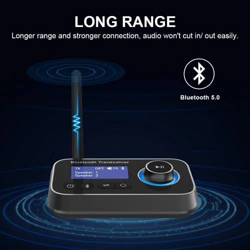 Vista 6 de Transmisor y receptor Bluetooth 5.0 para 2 auriculares, adaptador de audio inalámbrico 2 en 1, transmisor Bluetooth con bypass, baja latencia, largo