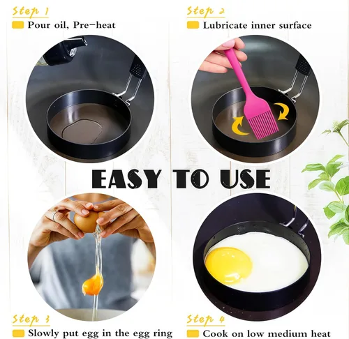 Vista 4 de Anillos de huevo para freír huevos, 3.5 pulgadas de acero inoxidable, para panqueques ingleses, magdalenas, con mango de silicona