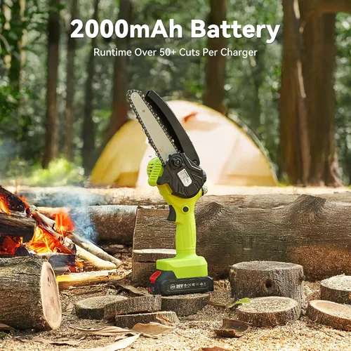 Vista 6 de Supstable Mini motosierra inalámbrica de 6 pulgadas, motosierra eléctrica de mano con batería de 2000 mAh con engrasador automático, diseño ligero