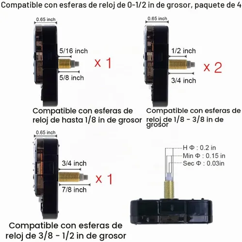 Vista 4 de EMOON Juego de 4 mecanismos de reloj de diferentes ejes con 8 manecillas de reloj, piezas de repuesto de motor de reparación de reloj de pared