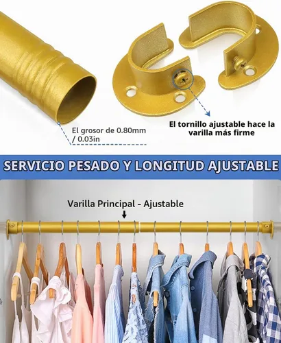 Vista 3 de Barras de armario para colgar ropa, resistentes, longitud ajustable (#1 dorado, 18.5 - 28 pulgadas)