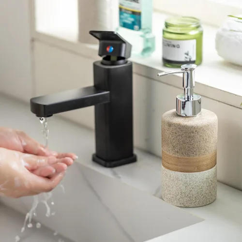 Vista 8 de Juego de dispensador de jabón de cerámica con embudo de silicona, jabón de manos, champú, gel de baño, dispensador de loción para cocina y baño