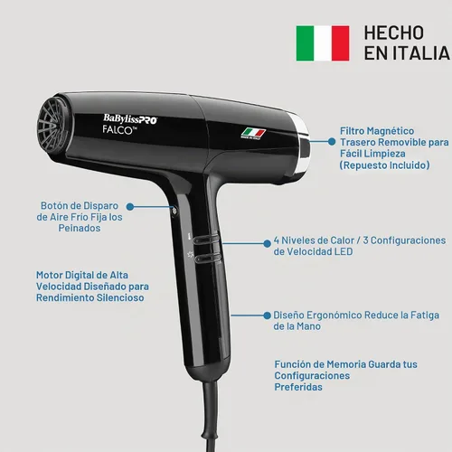 Vista 2 de BaBylissPRO® Nano Titanium™ Professional Italian High-Speed Falco Hair Dryer - 2000 watts and Ionic Negro