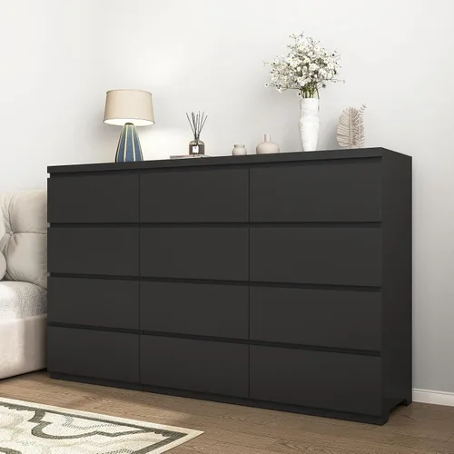 Vista 8 de Cómoda negra de 12 cajones para dormitorio, cómoda moderna con cajones profundos de 63 pulgadas, cómoda de almacenamiento ancha y larga, muebles