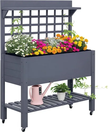 Vista 10 de Outsunny Cama de jardín elevada de 41 pulgadas con enrejado sobre ruedas, maceta elevada de madera con patas y forro de cama, para flores, hierbas