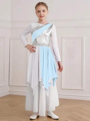 Vista 5 de JEATHA Vestido tipo túnica asimétrica de alabanza metálica brillante de manga larga para niños y niñas, disfraz de baile contemporáneo lírico
