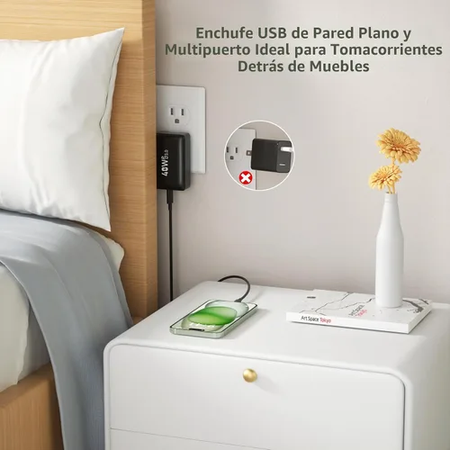Vista 2 de OKRAY - Bloque de cargador plano USB C, enchufe de pared de carga rápida Negro-1 paquete