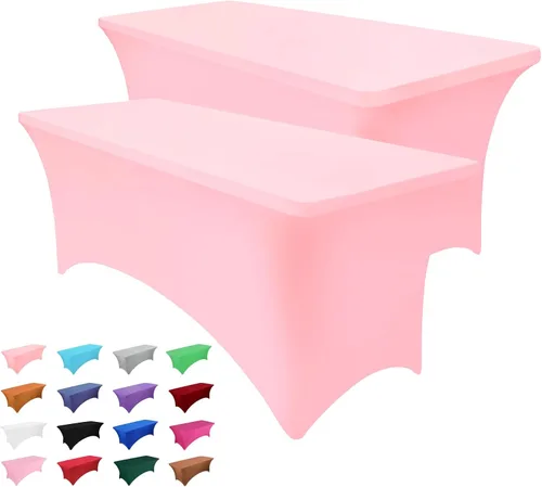 Vista 7 de Paquete de 2 manteles rectangulares de 4 pies para manteles rectangulares color gris azulado, elásticos, manteles de elastano para eventos