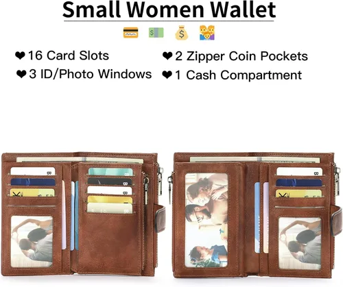 Vista 2 de GOIACII - Carteras para mujer con bloqueo RFID para tarjetas de crédito y 2 bolsillos con cremallera, cartera de cuero con 3 ventanas