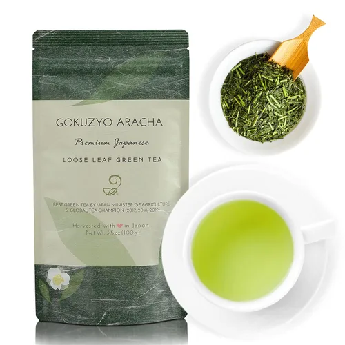 Vista 4 de Juego de té Aracha Gyokuro y Gokuzyo y tetera japonesa Tokoname Kyusu de Japanese Green Tea Co – Surtido de té verde japonés de 3 piezas de alta
