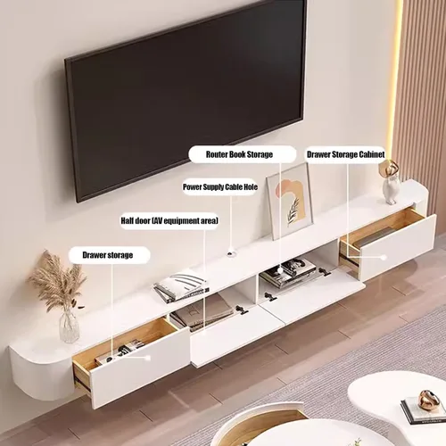 Vista 6 de Consola flotante de TV para montaje en pared, gran unidad negra con cajones de almacenamiento y soporte de enrutador, 94.5 x 7.9 x 9.4 in