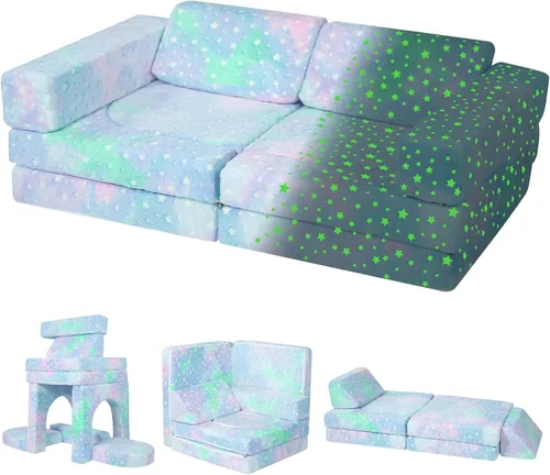 Vista 12 de Sofá modular para niños MeMoreCool – Sofá de dinosaurio de 8 piezas que brilla en la oscuridad para niños pequeños convertible en fuerte constructor