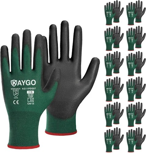 Vista 19 de KAYGO KG11PB - Guantes de trabajo de seguridad con revestimiento de poliuretano, 12 pares de guantes de punto sin costuras para hombres y mujeres