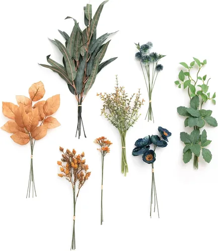 Vista 23 de Ling's moment - Juego de tallos de vegetación artificial verde, 36 piezas con 8 tipos de flores artificiales para ramos de novia de bricolaje Negro