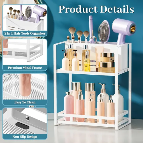 Vista 7 de SanDream Organizador de herramientas para el cabello, encimera de baño, organizador de baño de metal de 2 niveles con soporte para secador, estante
